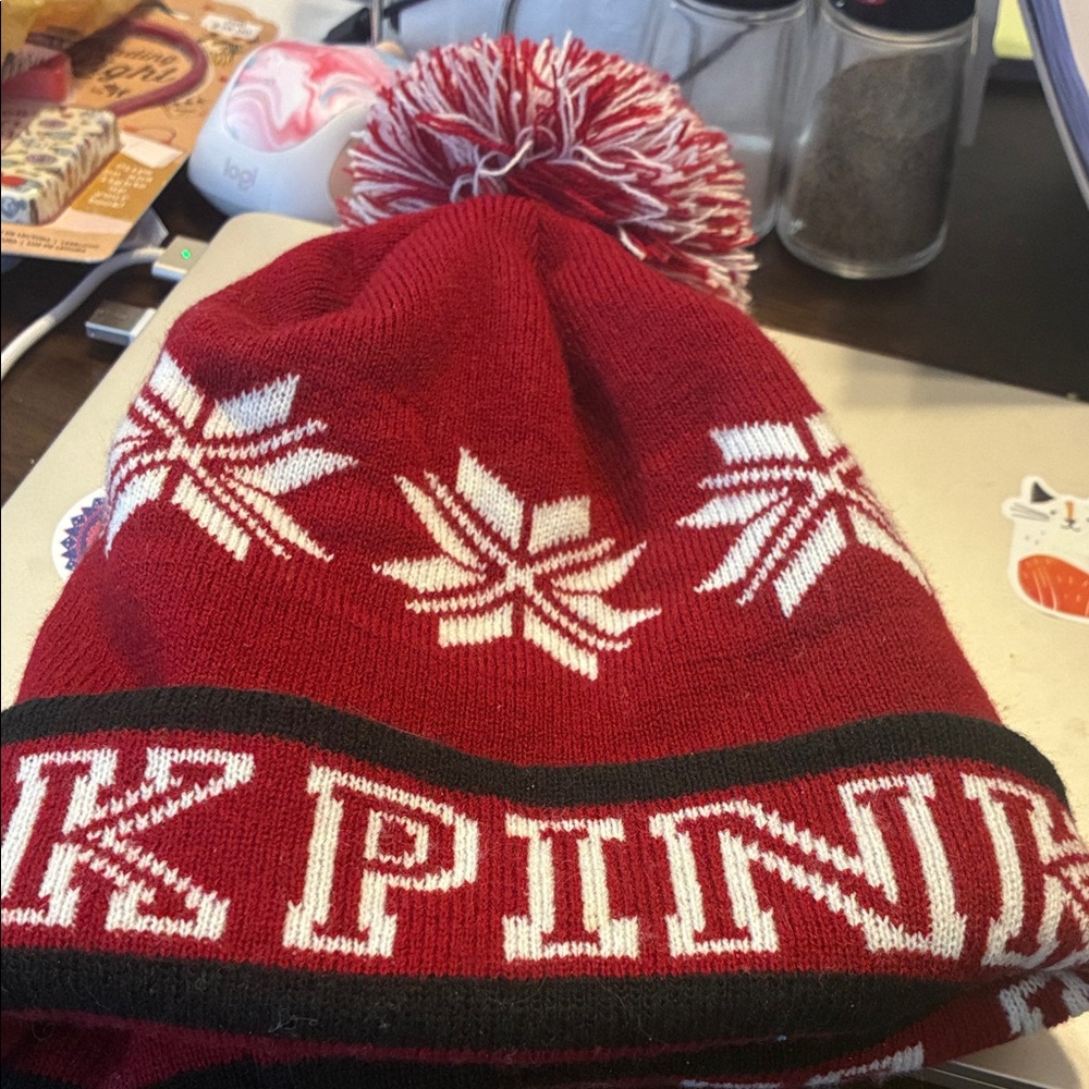 🌟 PINK: Victoria's Secret Red and White Pom Pom Beanie